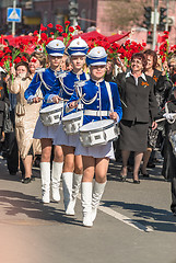 Image showing Drummer girls on Victory Day parade