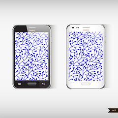Image showing Set of two Realistic mobile phone with blue floral background