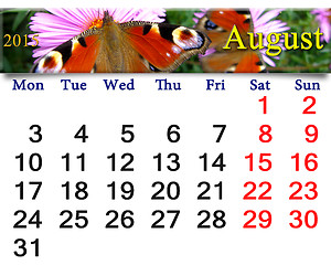 Image showing calendar for August of 2015 year with peacock eye