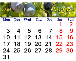 Image showing calendar for the August of 2015 year with plums