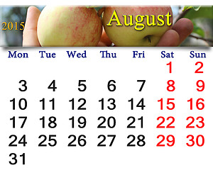 Image showing calendar for August of 2015 year with ripe apples