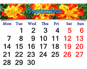 Image showing calendar for September of 2015 with tagetes