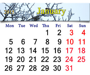 Image showing calendar for January of 2015 with winter sparrows
