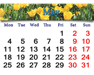 Image showing calendar for May of 2015 year with yellow tulips