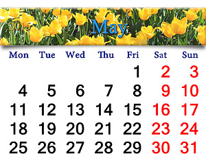 Image showing calendar for May of 2015 year with yellow tulips