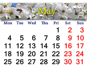 Image showing calendar for May of 2015 year with blooming cherry