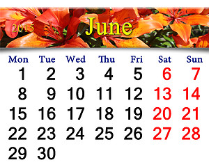 Image showing calendar for June of 2015 with red lilies