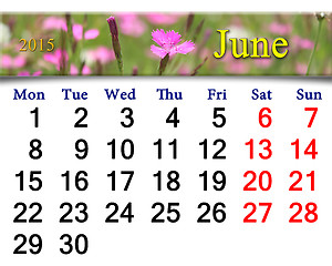 Image showing calendar for June of 2015 year with wild carnation