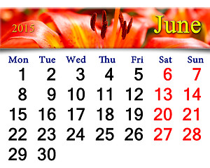 Image showing calendar for June 2015 on background of red lilies