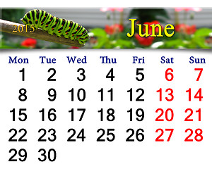 Image showing calendar for June of 2015 year with caterpillar