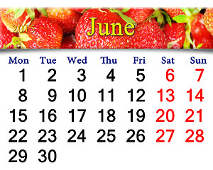 Image showing calendar for the June of 2015 year with strawberry