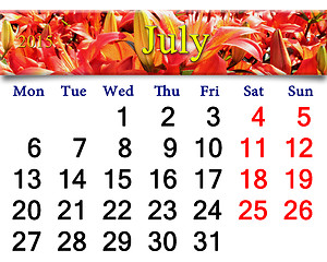 Image showing calendar for July of 2015 on red lilies