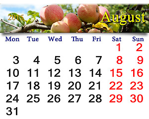 Image showing calendar for the August of 2015 year with apples