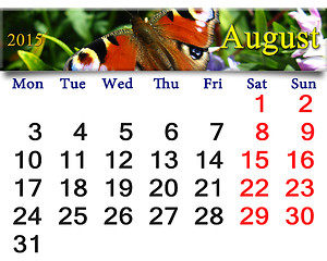 Image showing calendar for August of 2015 year with peacock eye