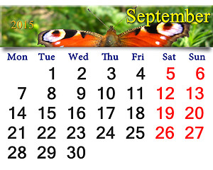 Image showing calendar for September of 2015 year with butterfly