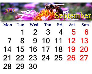 Image showing calendar for September of 2015 with bee on flower