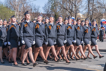 Image showing Women-cadets of police academy marching on parade