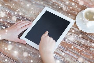 Image showing hands pointing finger to blank tablet pc screen