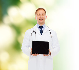 Image showing smiling male doctor with tablet pc and stethoscope