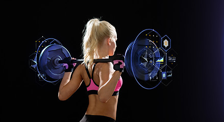 Image showing sporty woman exercising with barbell from back