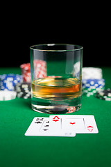 Image showing close up of chips, cards and whisky glass on table