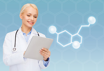 Image showing smiling female doctor with tablet pc and molecule