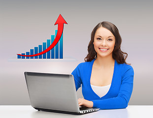 Image showing smiling woman with laptop and growth chart