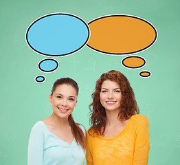 Image showing smiling student girls with text bubbles