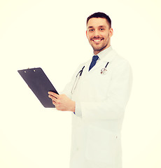 Image showing smiling male doctor with clipboard and stethoscope