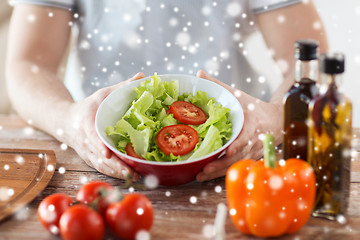 Image showing close of male hands holding bowl with salad