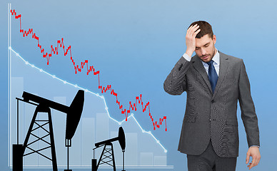 Image showing businessman with forex chart and pumpjacks