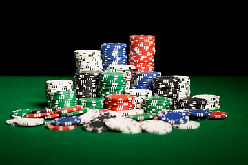 Image showing close up of casino chips on green table surface