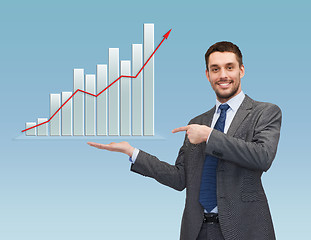 Image showing happy man showing growth chart on palm of his hand