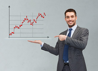 Image showing happy man showing forex chart on palm of his hand