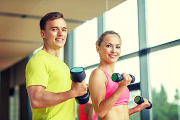 Image showing smiling man and woman with dumbbells in gym