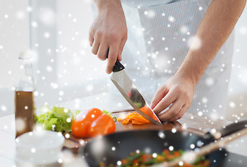 Image showing close up of man cutting vegetables with knife