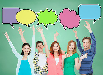 Image showing group of smiling teenagers with text bubbles