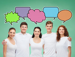 Image showing group of smiling teenagers with text bubbles