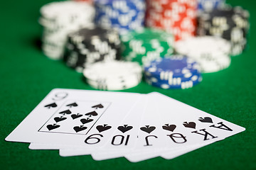 Image showing close up of casino chips and playing cards