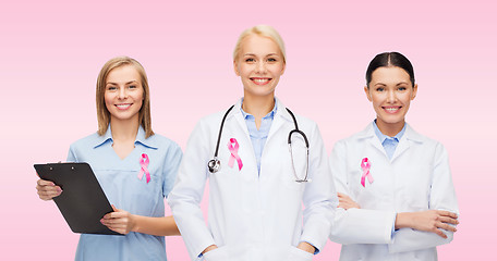 Image showing female doctors with breast cancer awareness ribbon