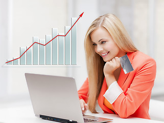 Image showing businesswoman with laptop and credit card