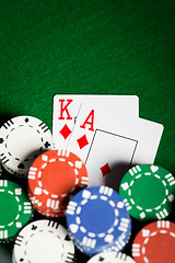 Image showing close up of casino chips and playing cards