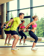 Image showing smiling man and woman with dumbbells in gym