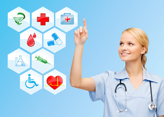 Image showing smiling doctor over medical icons blue background