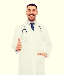 Image showing smiling doctor with stethoscope showing thumbs up