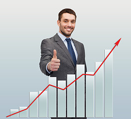 Image showing smiling businessman with graph showing thumbs up