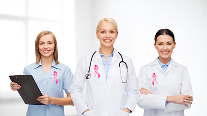 Image showing female doctors with breast cancer awareness ribbon