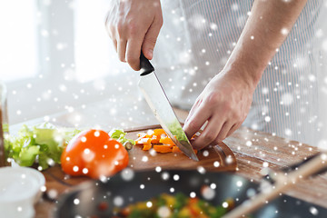 Image showing close up of man cutting vegetables with knife