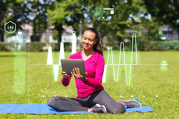 Image showing smiling woman with tablet pc outdoors