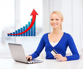 Image showing smiling woman with laptop computer and credit card